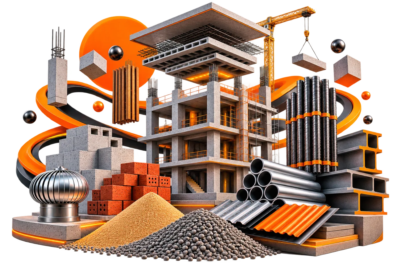 3D showcase of premium construction materials — cement, TMT bars and steel