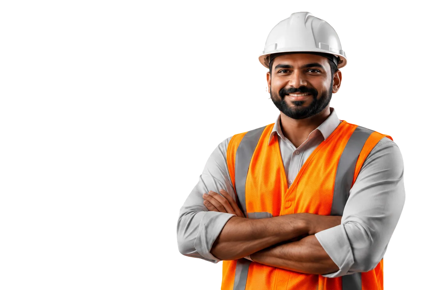 Construction worker in orange safety vest ready to help with your project